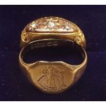 A Victorian 9 carat gold ring set three old cut diamonds and a gold ring a/f - total 4g