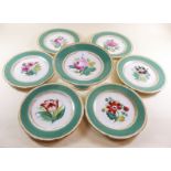 A Victorian floral painted dessert service with green borders, one comport and six plates.