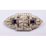 A fine Art Deco diamond and sapphire set double clip brooch of open geometric design, each half