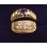 A Victorian 9 carat gold ring (two pearls missing) and a 9 carat gold ring set purple stone