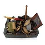 Box containing war issue drinking flasks, field telephone box, canvas holsters, first aid kits,