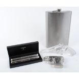 Steel 64oz hip flask; plated cigar and spirit flask; revolver shaped hip flask