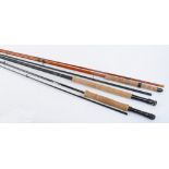 9 ft Fibatube 2 piece carbon fly rod; 9 ft 6 ins Ghost, 2 piece, 7/8# fibre glass fly rod; 10 ft