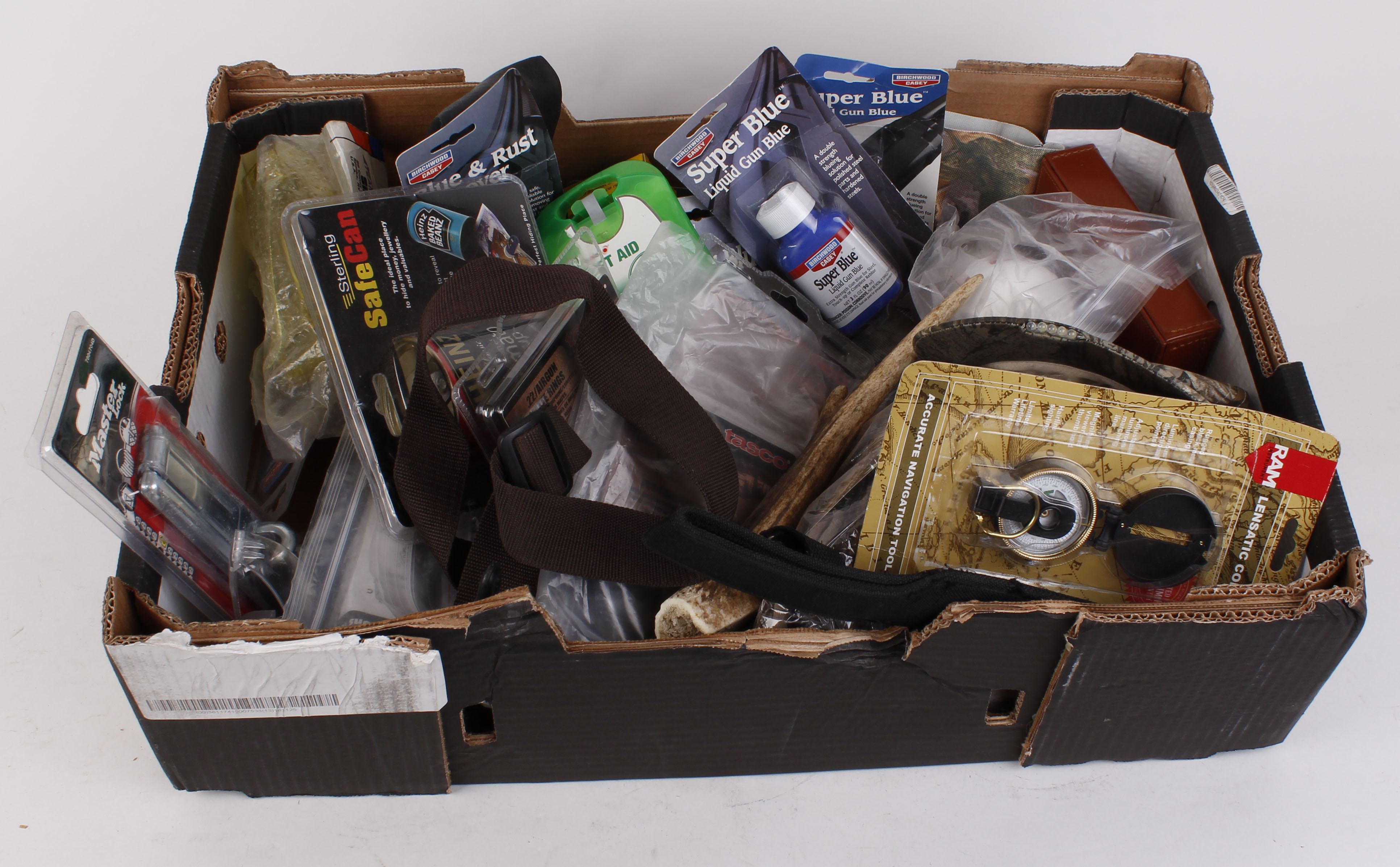 Large box of shooting accessories, including blueing; oil; gloves; multi tools; etc