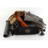 Bag of military issue bags, bandoliers, shoulder holster, spotting scopes, Daystate air bottle,