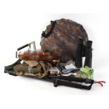 Box containing camo hide pop up tent, laser bore sights, scope rings, percussion cap dispenser,