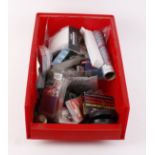Box containing mixed shooting accessories, bulbs, lamp filters, hand warmers, air rifle silencers,