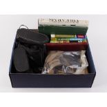 Box of various shooting related books and literature, three pairs of binoculars, quantity of .303