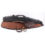 Brown canvas and leather 51 ins gunslip; plastic rifle case; brown binocular case