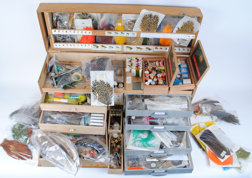 Large wooden multi drawer case of Fly tying equipment and materials, including, silks, cottons