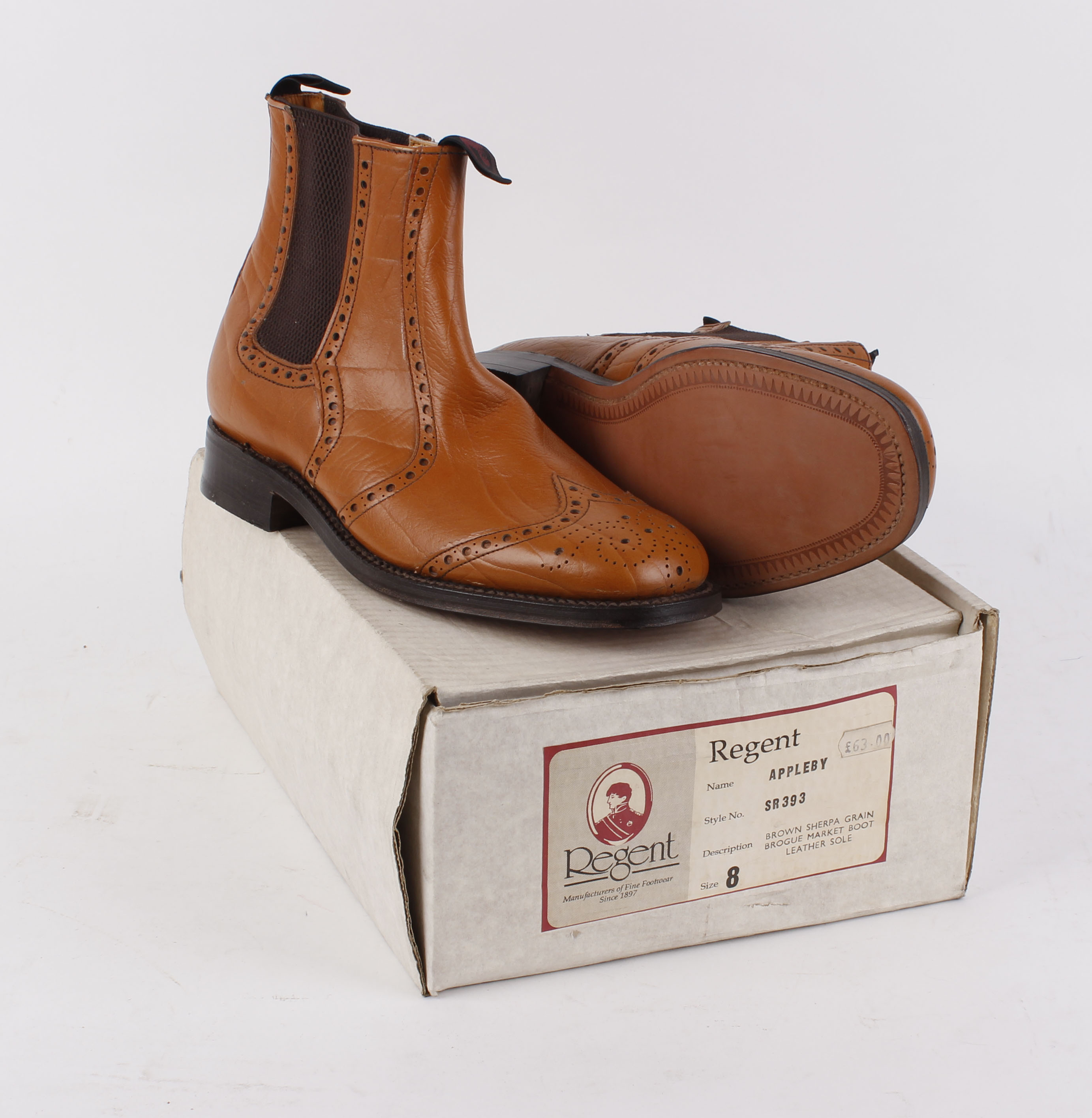 Regent Appleby, brown sherpa grain leather brogue market boots, boxed