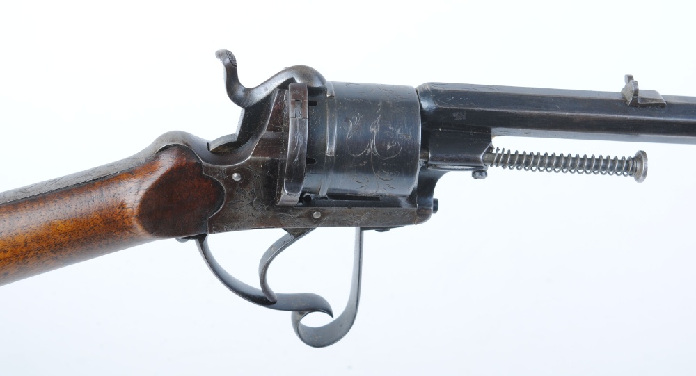 12mm Belgian pinfire six shot revolving rifle, 25½ ins octagonal barrel, engraved cylinder and - Image 2 of 2