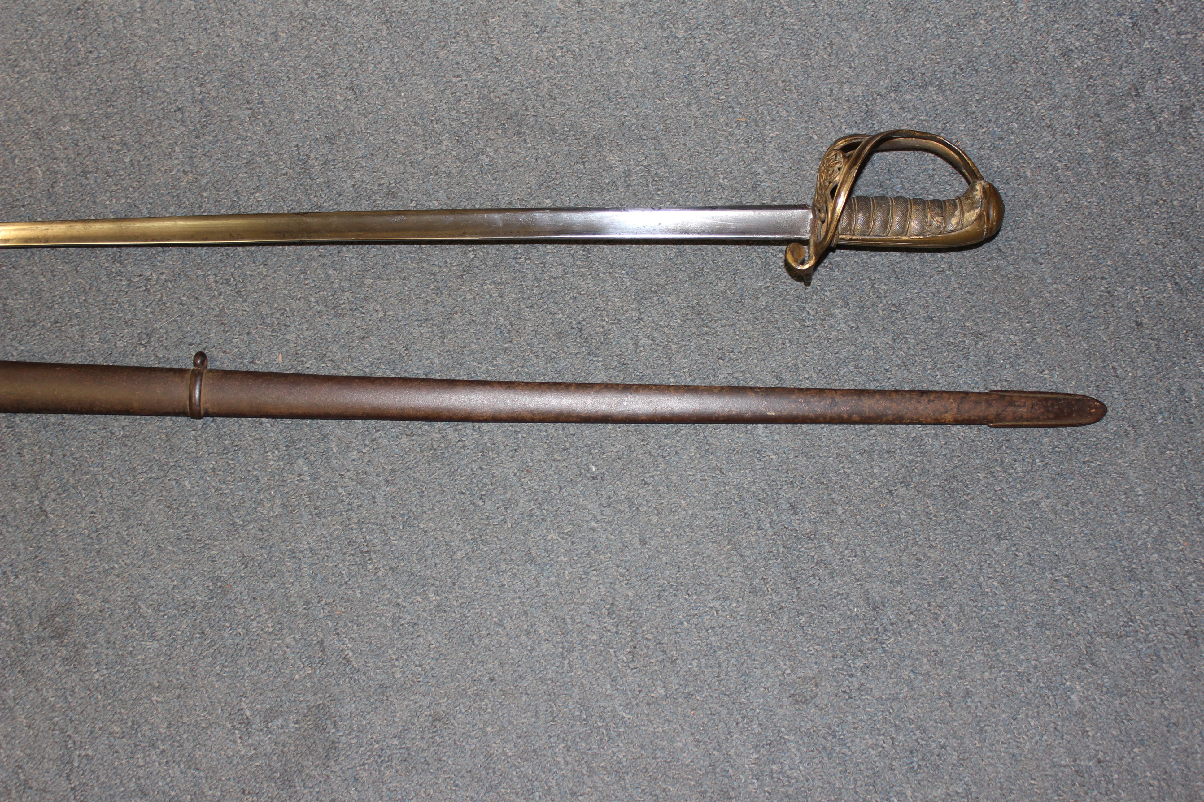 Naval Officer's sword, 28 ins single edged fullered blade, swept bar hilt with fouled anchor cypher, - Image 5 of 9