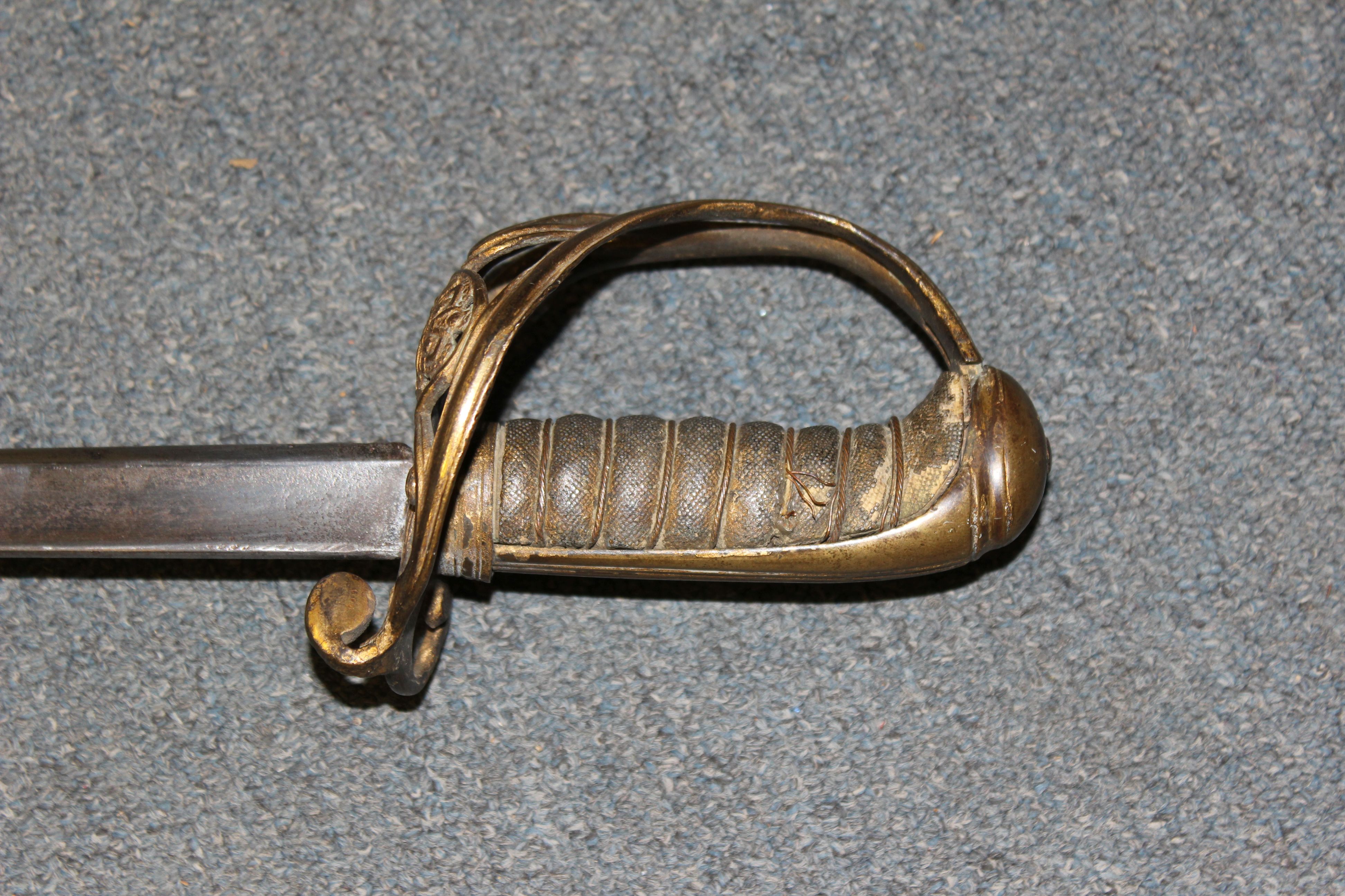 Naval Officer's sword, 28 ins single edged fullered blade, swept bar hilt with fouled anchor cypher, - Image 6 of 9