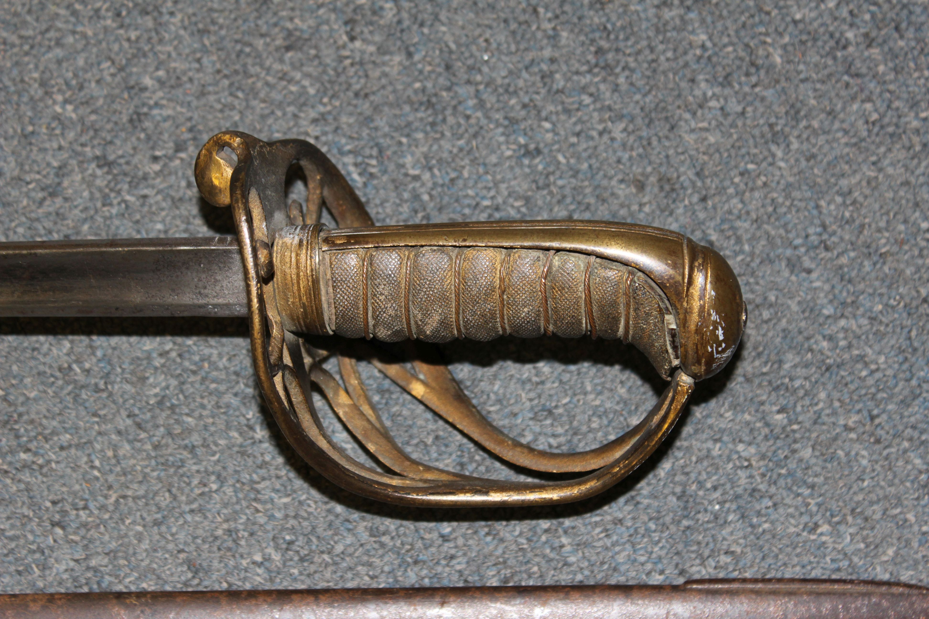 Naval Officer's sword, 28 ins single edged fullered blade, swept bar hilt with fouled anchor cypher, - Image 7 of 9