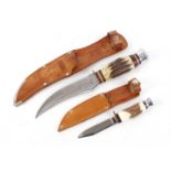 Compass Buffalo Skinner stag horn sheath knife; Bukta horn handled Scouts knife in leather sheath (
