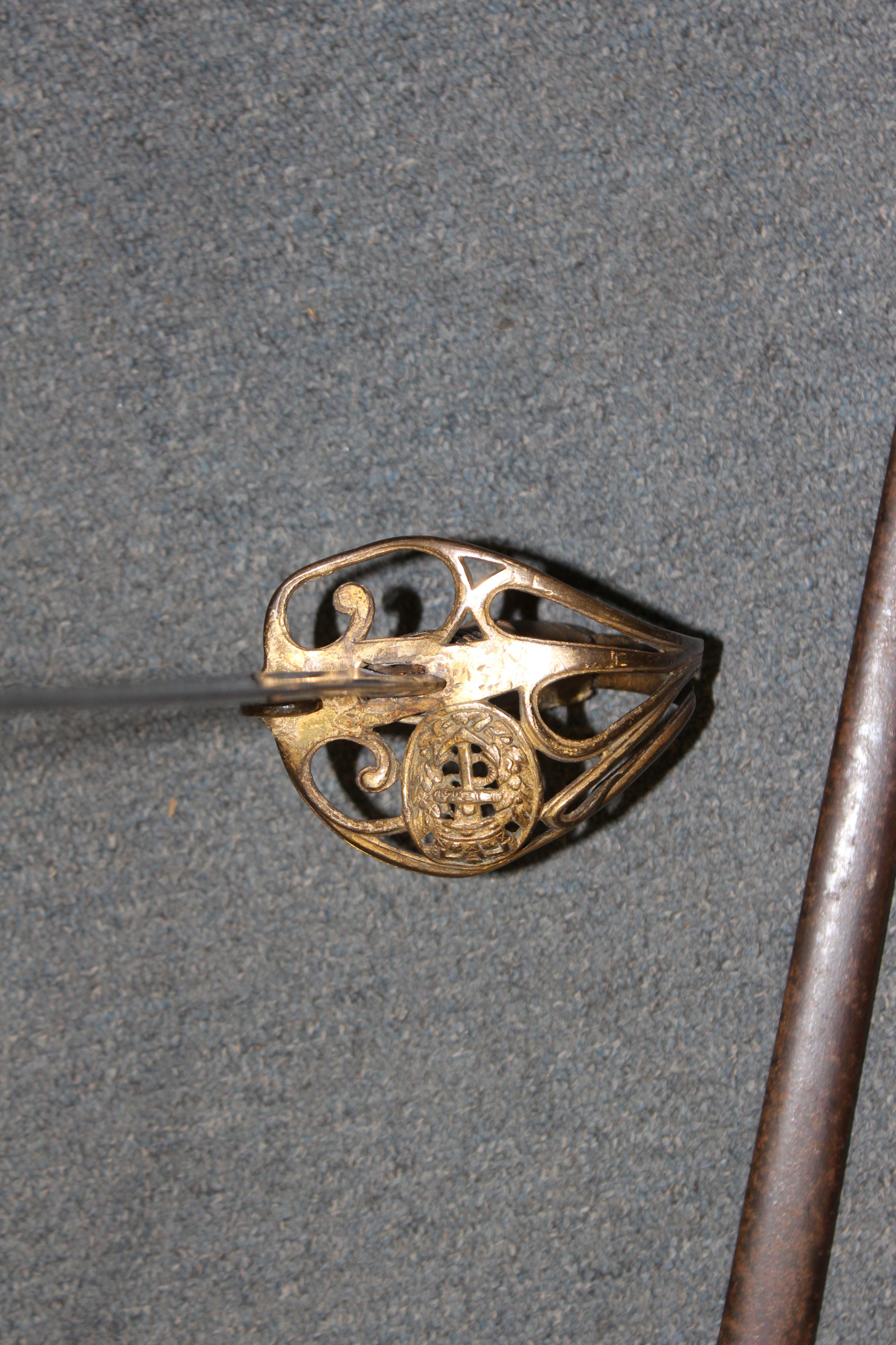 Naval Officer's sword, 28 ins single edged fullered blade, swept bar hilt with fouled anchor cypher, - Image 8 of 9