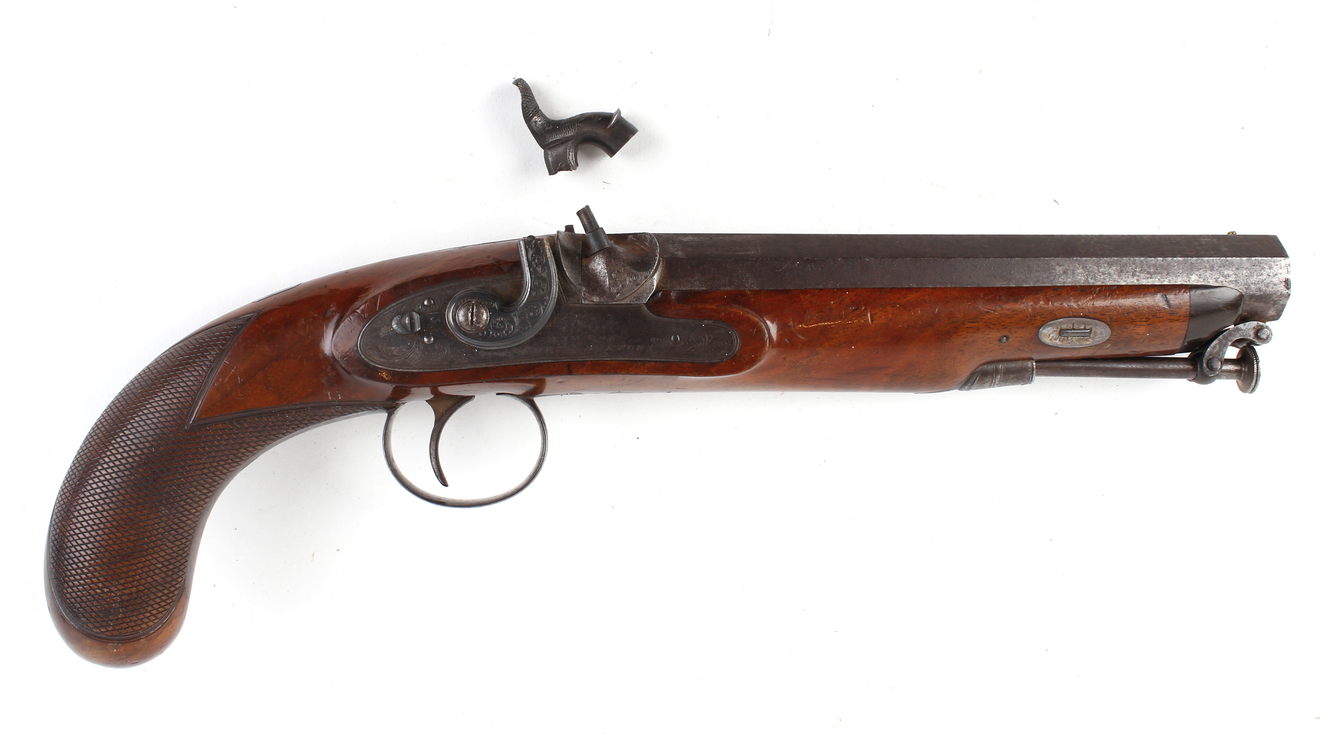 18 bore percussion pistol by Hawkes Moseley & Sons, 8 ins octagonal barrel engraved London with