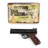 .22 Webley Senior air pistol, brown chequered grips in original box, no. 2163