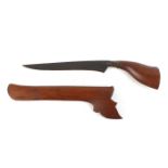 Sumatran Bade Bade type dagger, 5 ins blade, brass mounted wood grip, one piece wooden sheath