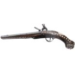 18 bore Turkish flintlock holster pistol, fullstocked barrel with dummy ramrod, steel stepped lock
