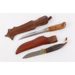 Seki Cut (Japan) sheath knife; Laplander type sheath knife, birchwood grip in tooled leather