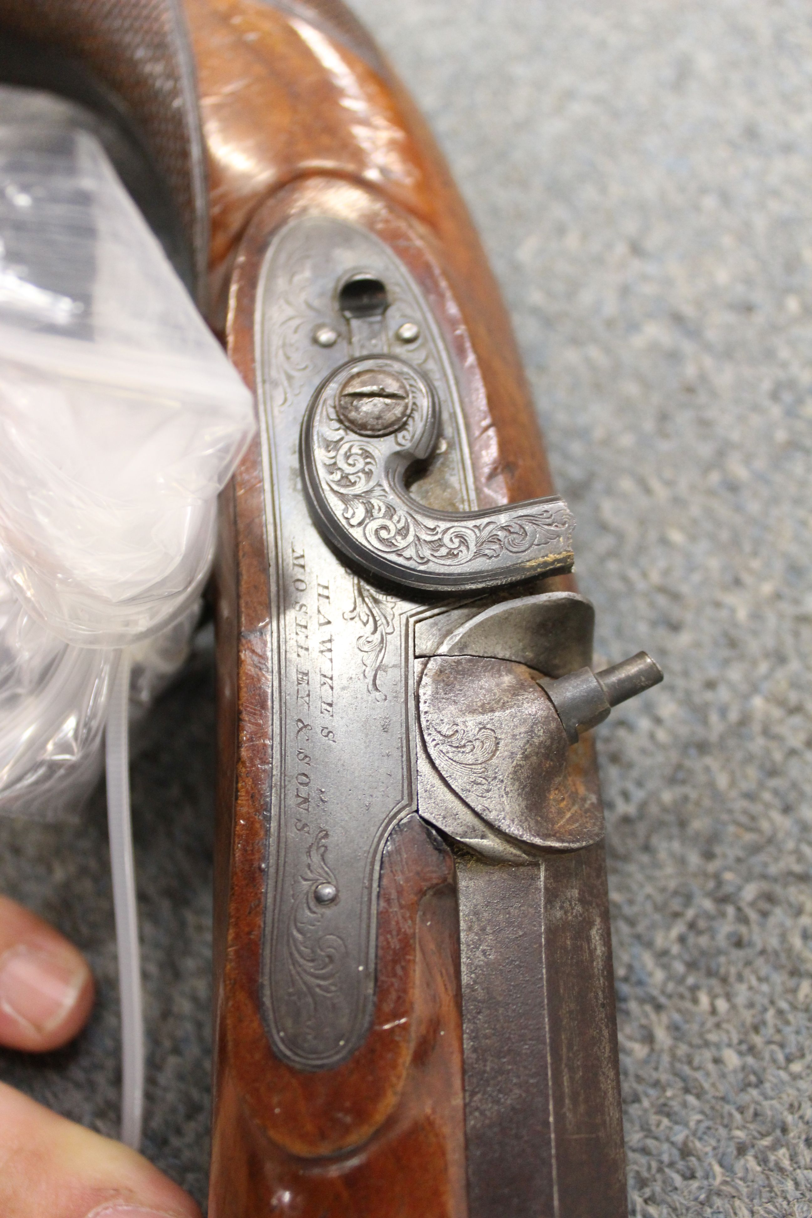 18 bore percussion pistol by Hawkes Moseley & Sons, 8 ins octagonal barrel engraved London with - Image 7 of 7