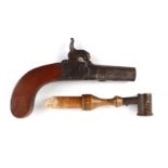 50 bore percussion muff pistol by Moore London, 1,7/8 ins turn off barrel, engraved boxlock action(
