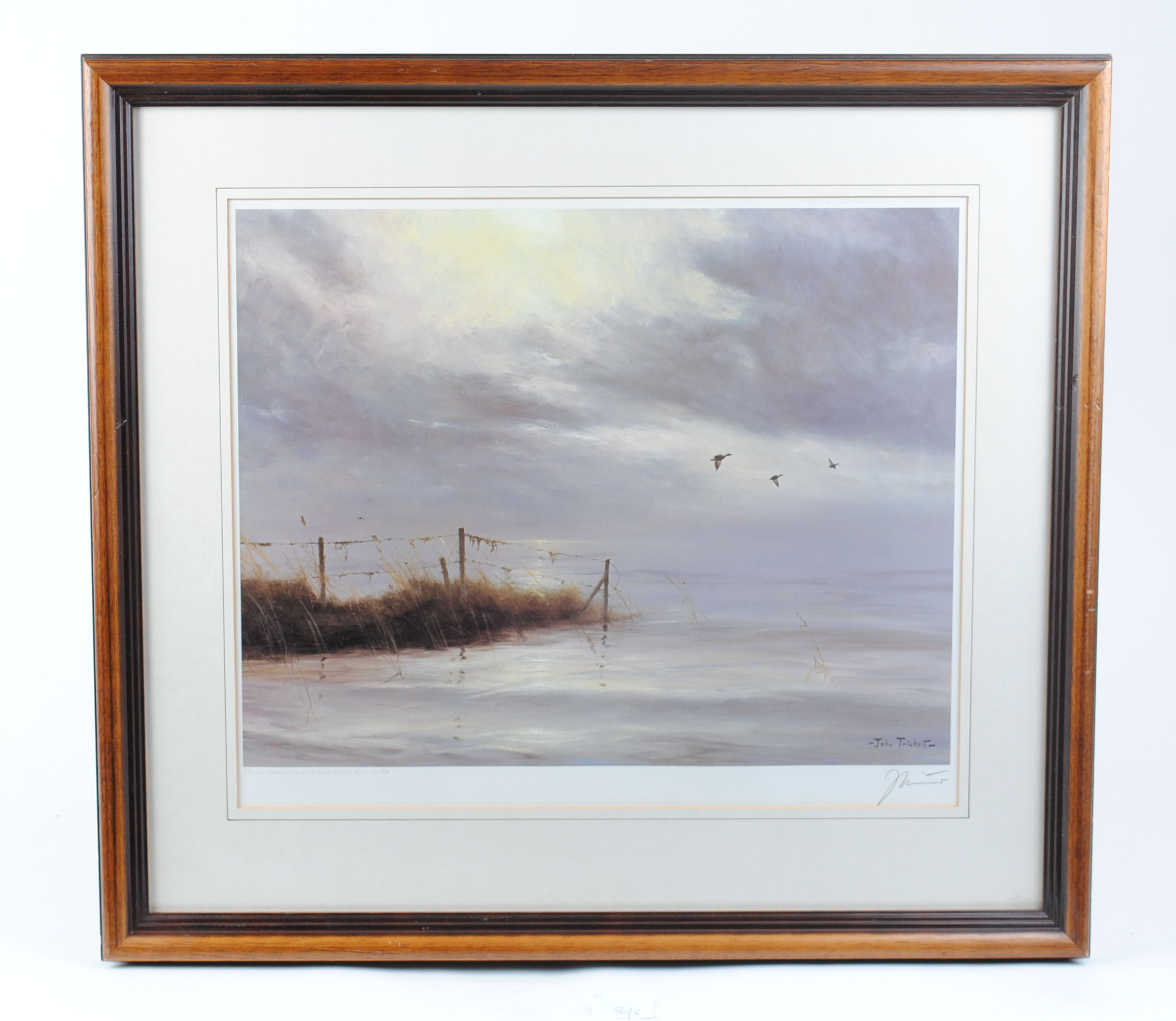 Framed and glazed coloured print: Ducks over Marsh, signed Limited Edition 50/850 by John Trickett