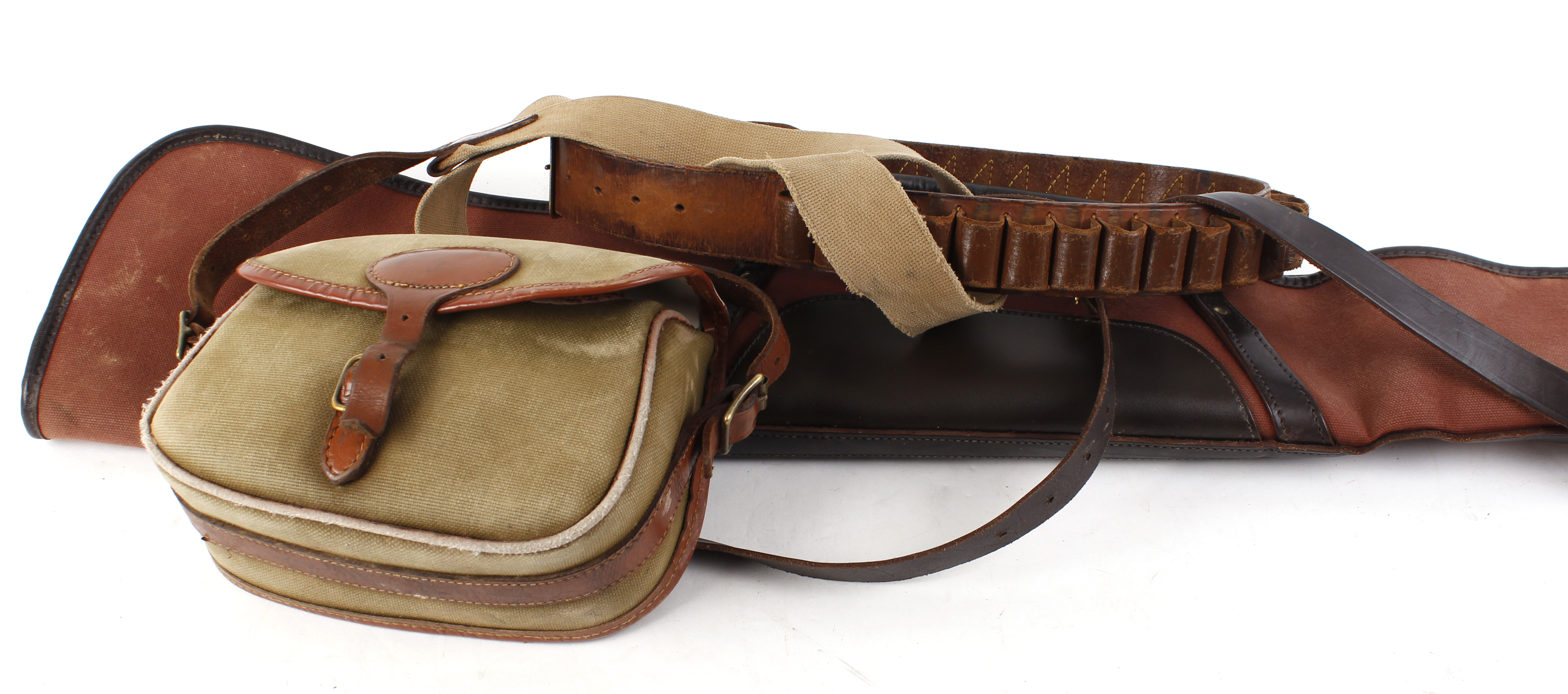 12 bore cartridge belt, gun slip, cartridge bag and two canvas and leather game bags - Image 2 of 2