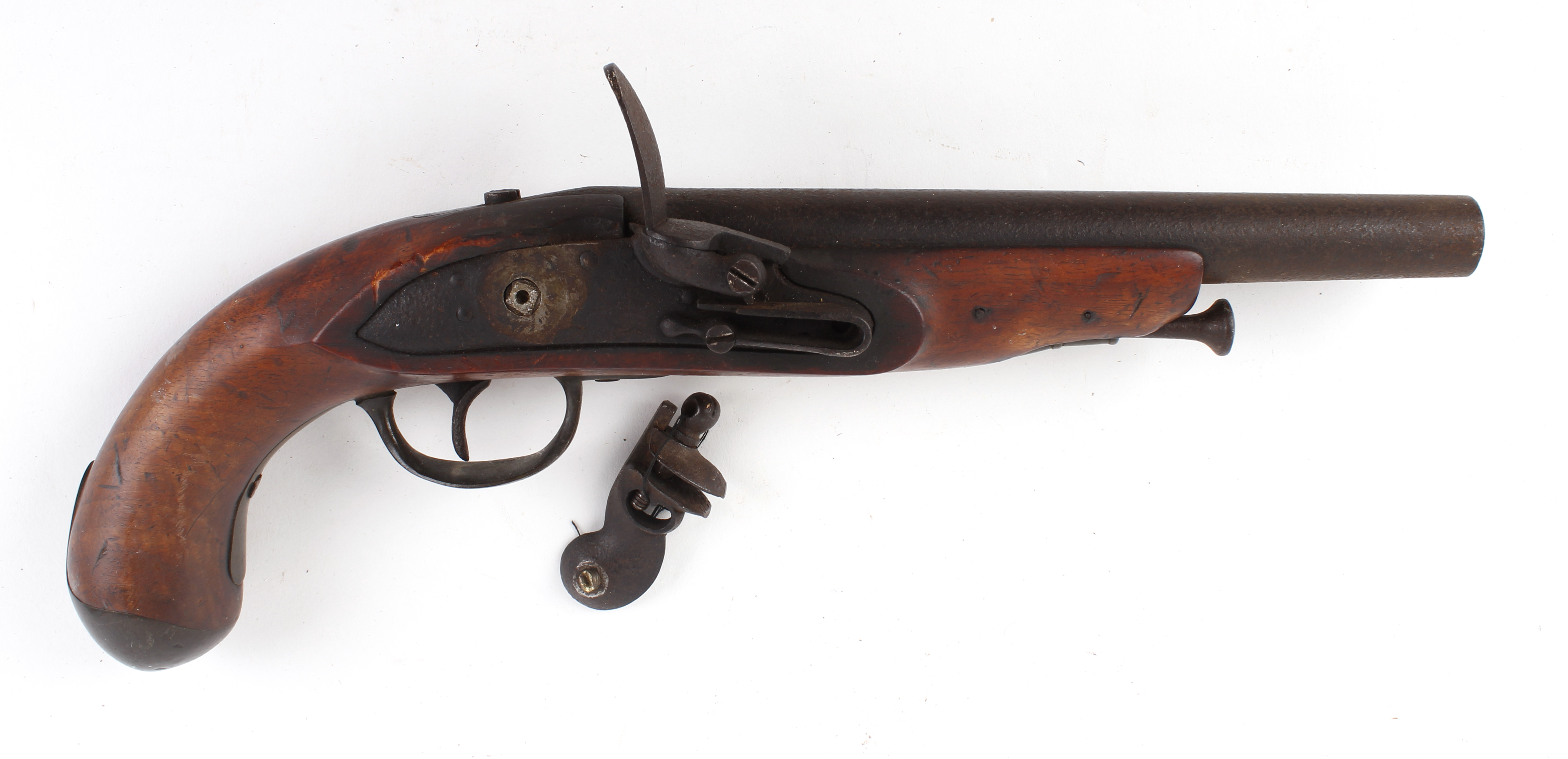14 bore flintlock pistol, 8 ins half stocked barrel with ramrod, steel lock a/f, brass furniture and