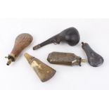 Copper and brass bag shaped powder flask; horn powder flask; early oblong pattern copper and brass