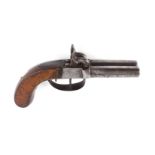 54 bore double barrelled percussion pistol, 3 ins barrels, engraved boxlock action, slab sided