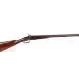 12 bore percussion double sporting gun, 30 ins damascus barrels with broad rib, brass mounted wooden