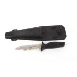 Technisub divers knife, 5,1/2 ins single edged saw backed blade, black plastic grip,