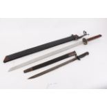 Chinese style sword, 28½ ins single edged straight blade, embossed tsuba, wood grips,