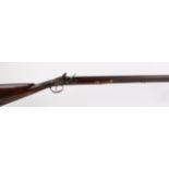 14 bore flintlock single sporting gun, 31¾ ins halfstocked barrel, brass mounted wooden ramrod,