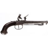 25 bore flintlock pistol with tapered cannon barrel ring mounted at muzzle, stamped with London