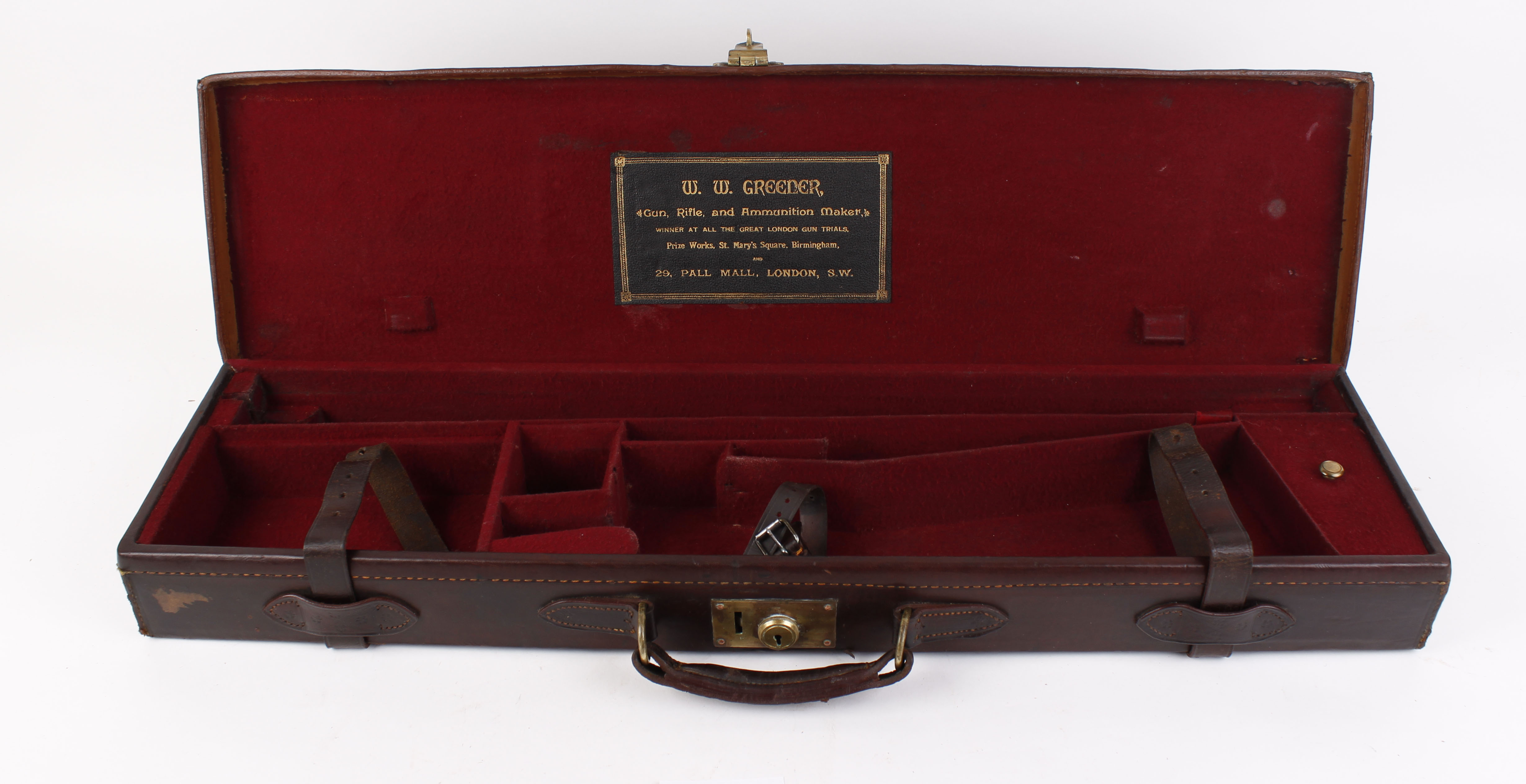 Leather gun case with fitted interior for up to 30 ins barrels, W. W.