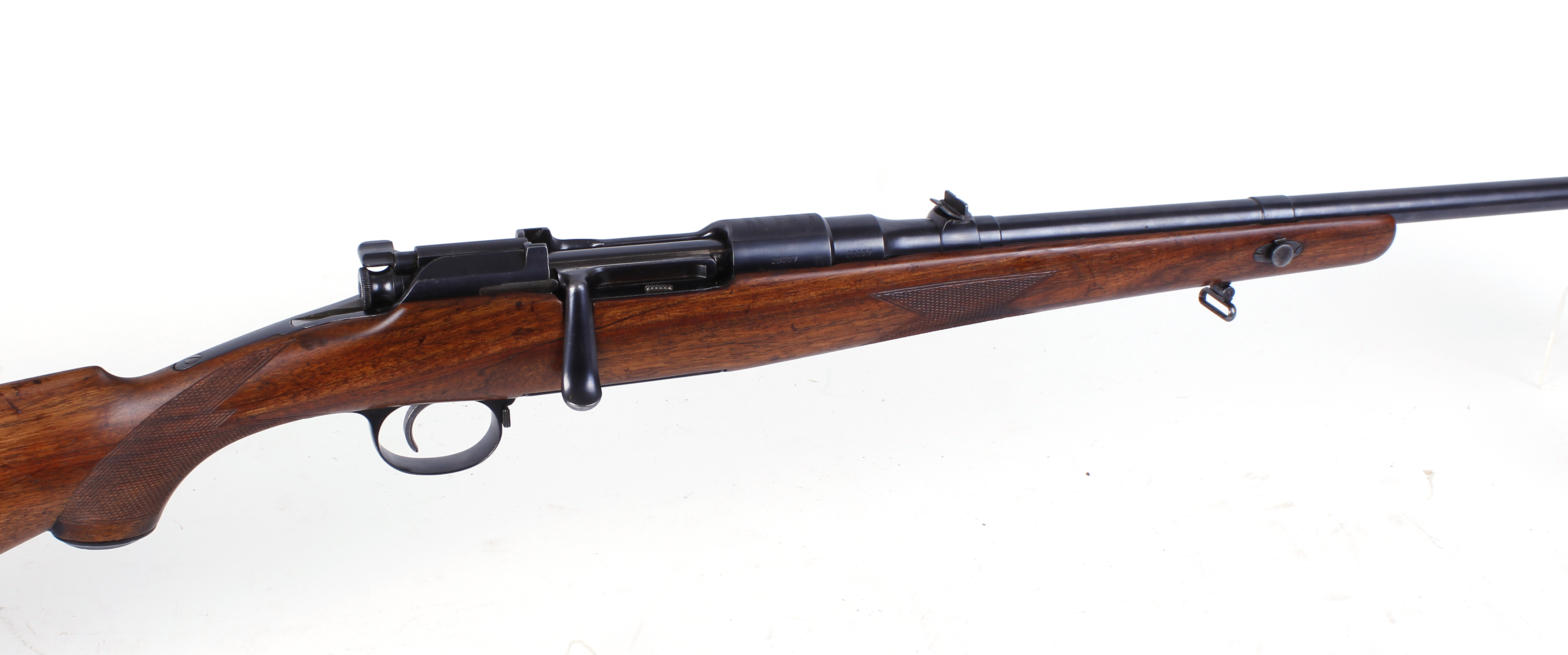 6.5 x 54 Steyr Mannlicher bolt action sporting rifle, 5 shot, 23½ ins barrel, blade and leaf sights,