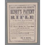 Framed and glazed ''Henry's Patent Repeating Rifle'' advertising poster, 15 ins x 17½ ins