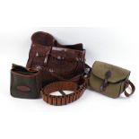 Canvas and leather game bag; cartridge pouch; 12 bore leather cartridge belt; Deben cartridge bag;