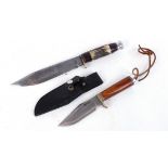 Bowie type knife, 8 ins single edged clipped fullered blade, bound leather and bone grips,