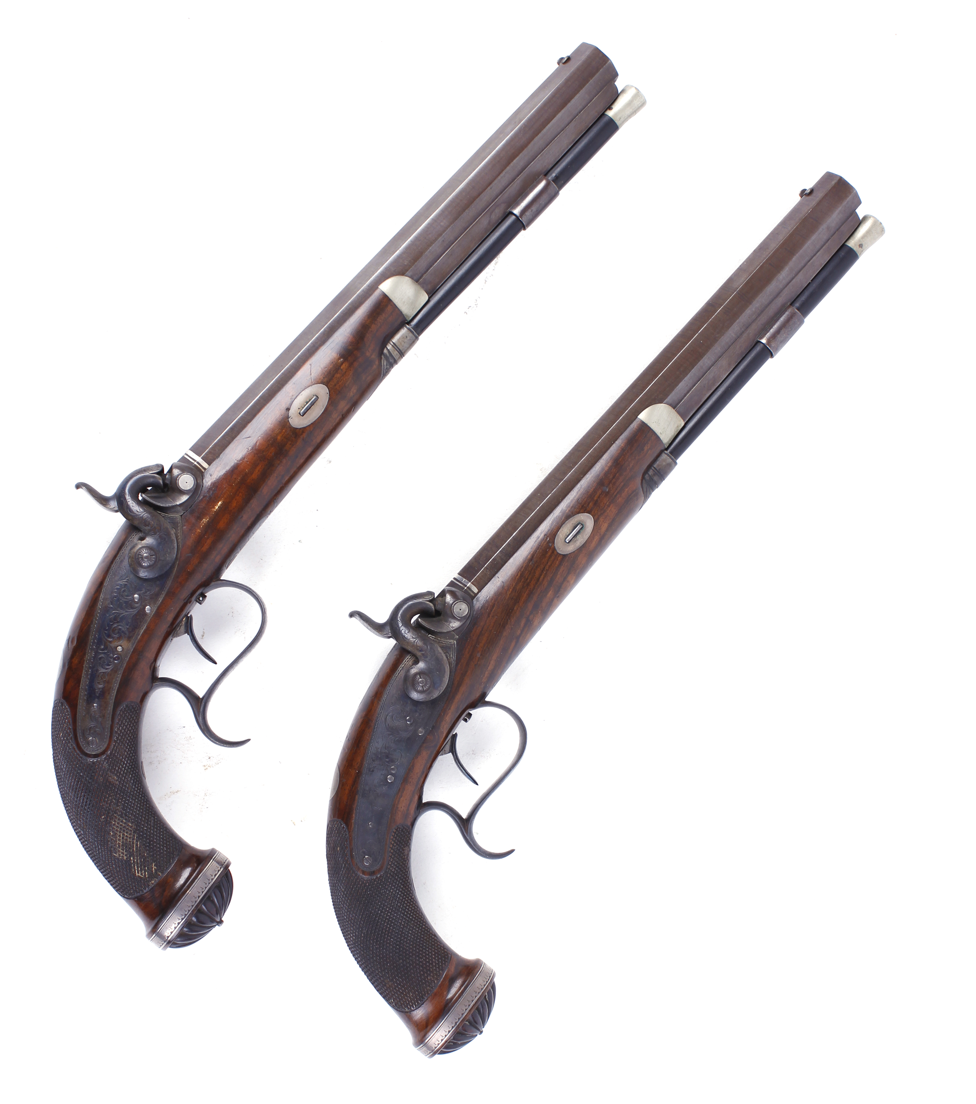 Cased pair 40 bore Percussion target pistols by Williams & Powell, each with a 10 ins damascus