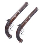 Cased pair 40 bore Percussion target pistols by Williams & Powell, each with a 10 ins damascus