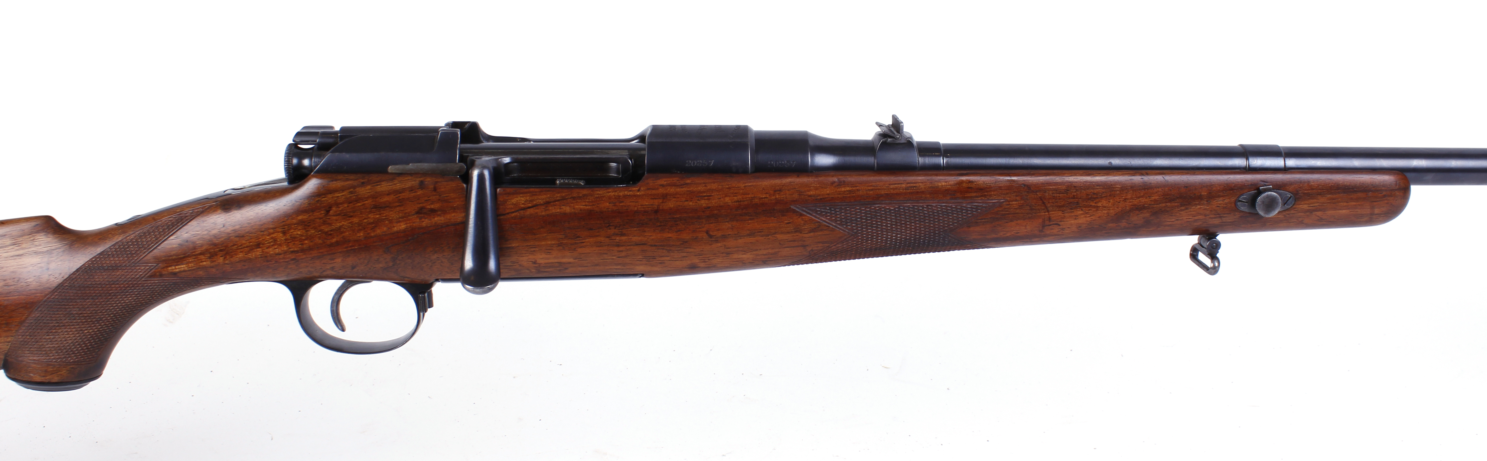 6.5 x 54 Steyr Mannlicher bolt action sporting rifle, 5 shot, 23½ ins barrel, blade and leaf sights, - Image 3 of 4