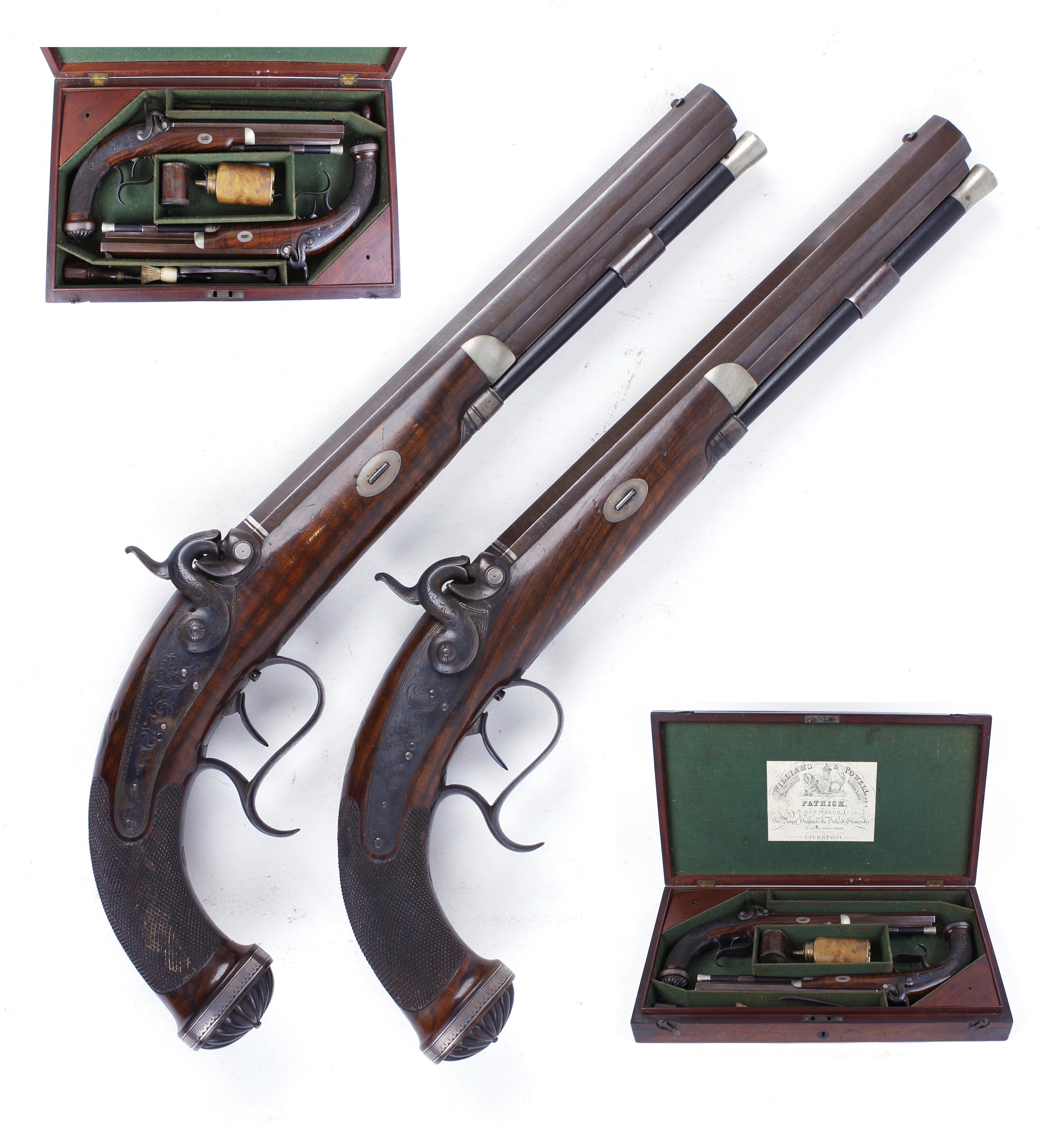 Cased pair 40 bore Percussion target pistols by Williams & Powell, each with a 10 ins damascus - Image 26 of 27