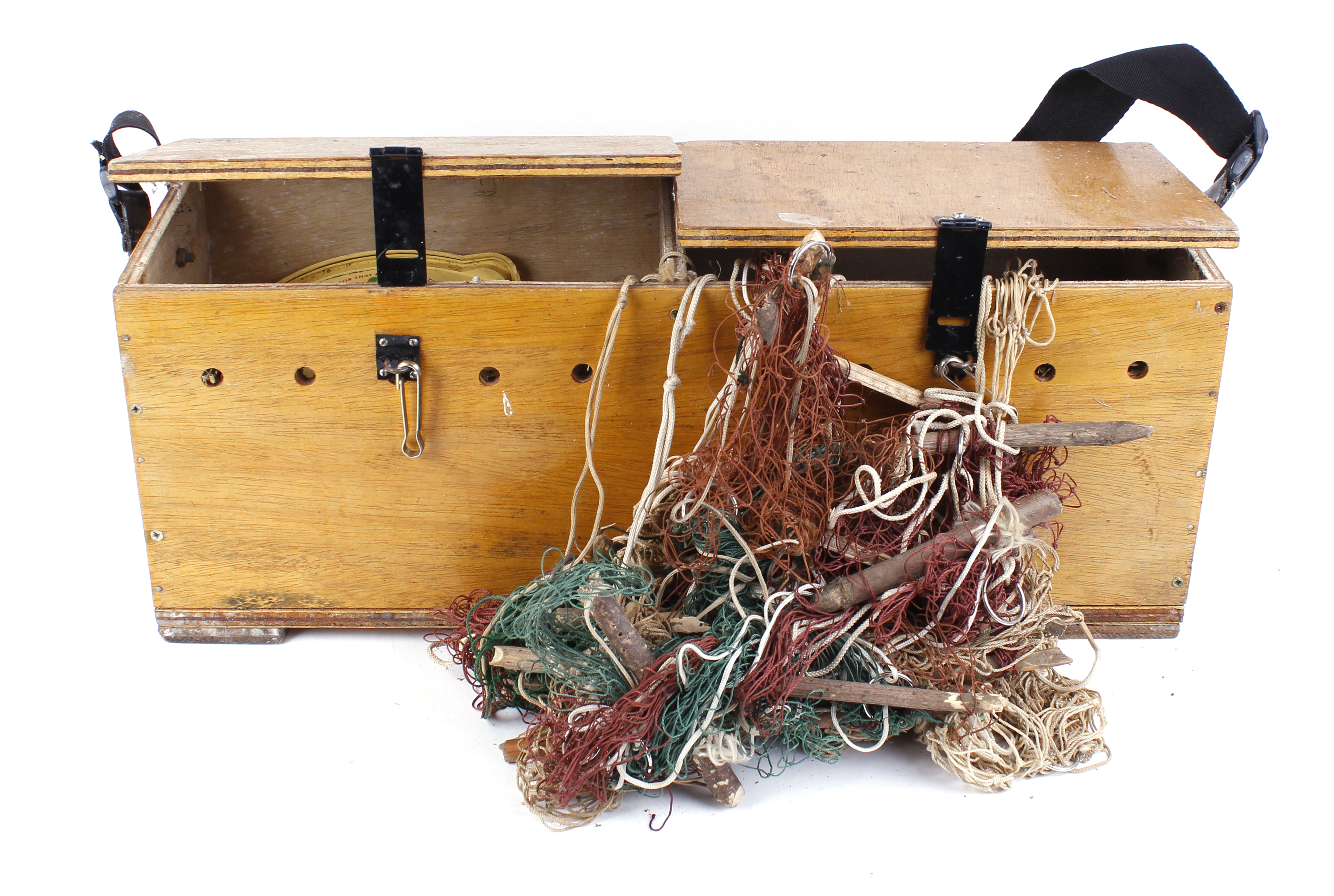 Box containing ferreting equipment: approx. 20 nets, 2 collars, ferret finder