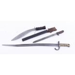 Chassepot bayonet, 22½ ins blade; Anderson bayonet, 11¾ ins blade, leather scabbard; Kukri knife (