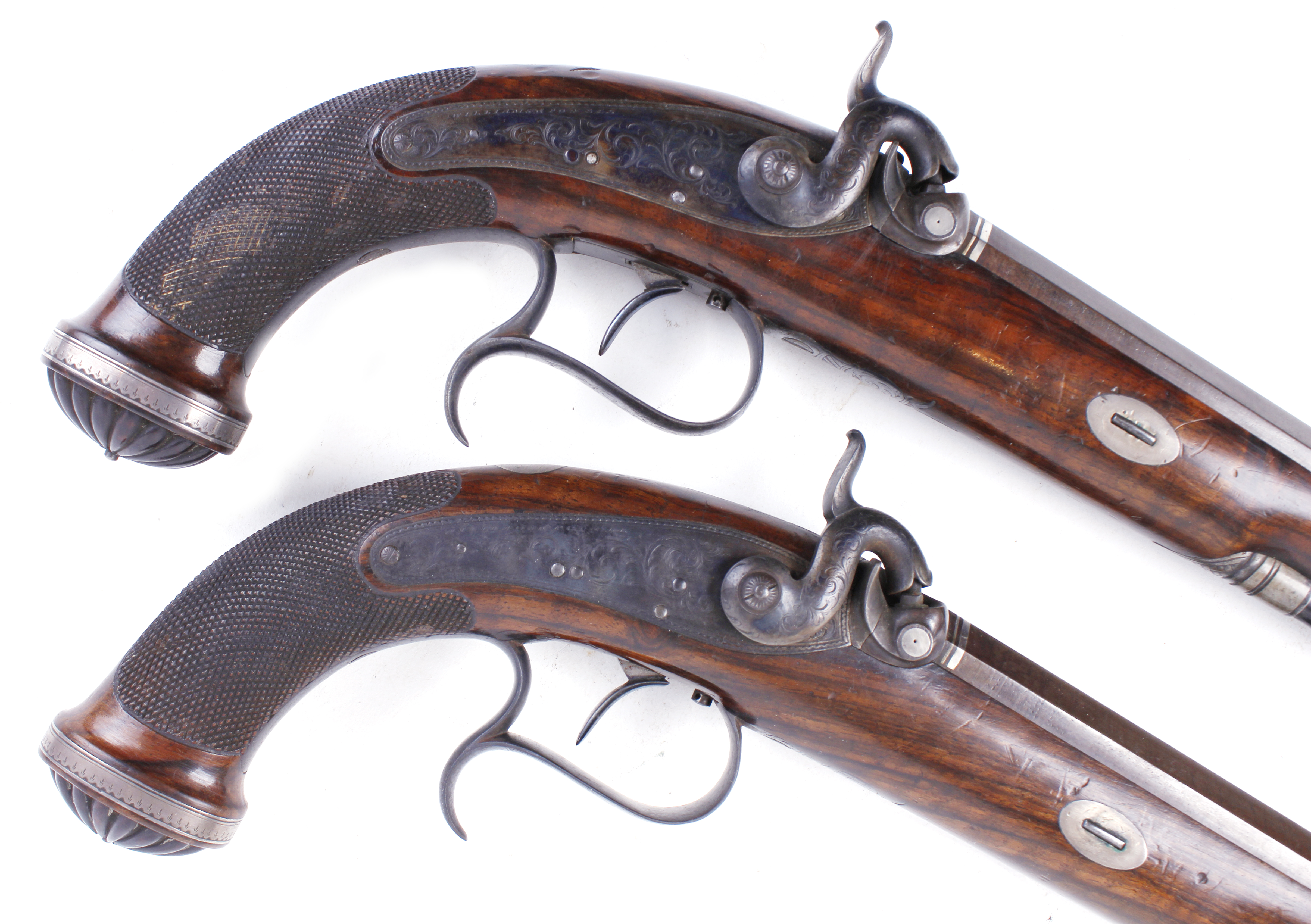 Cased pair 40 bore Percussion target pistols by Williams & Powell, each with a 10 ins damascus - Image 25 of 27